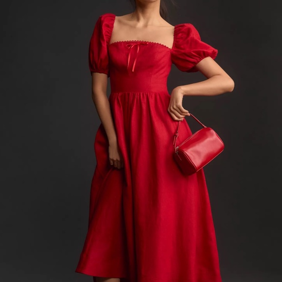 NWOT REFORMATION Marella Linen puff sleeves midi Red Dress - Picture 7 of 8